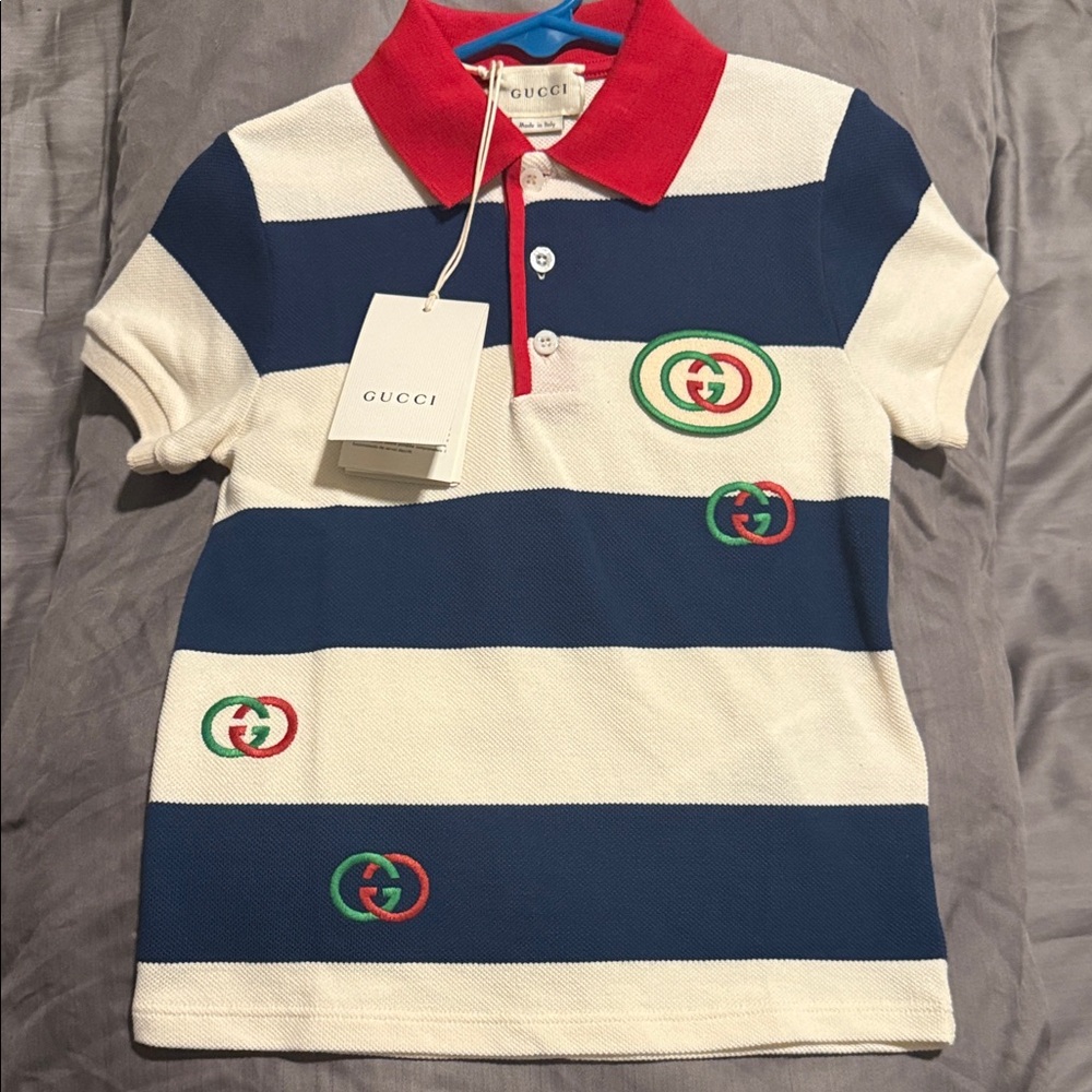 Gucci Kids Polo with Red Collar and Blue Stripes